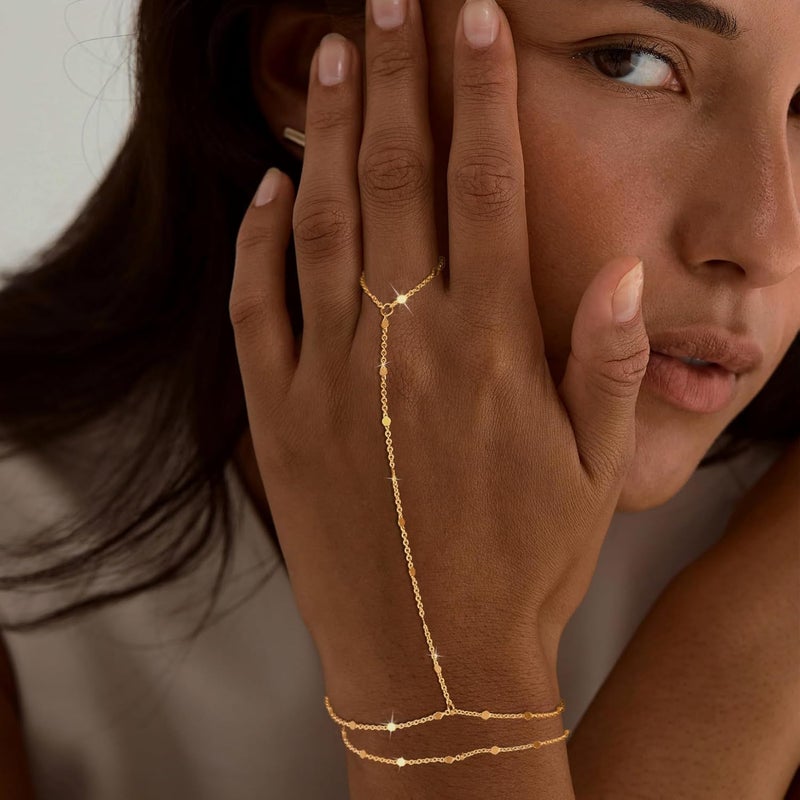 Moodear Sterling Silver Dainty Ring Bracelet Hand Chain for Women - 14K Gold Plated/Sterling Silver Layered Adjustable Satellite Bead Paperclip Dot CZ Link Hand Chain Bracelets Non Tarnish Trendy Jewelry Gift - Image 2